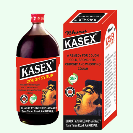 Effective relief for all types of coughs Bharat Kasex cough syrup bottle and box